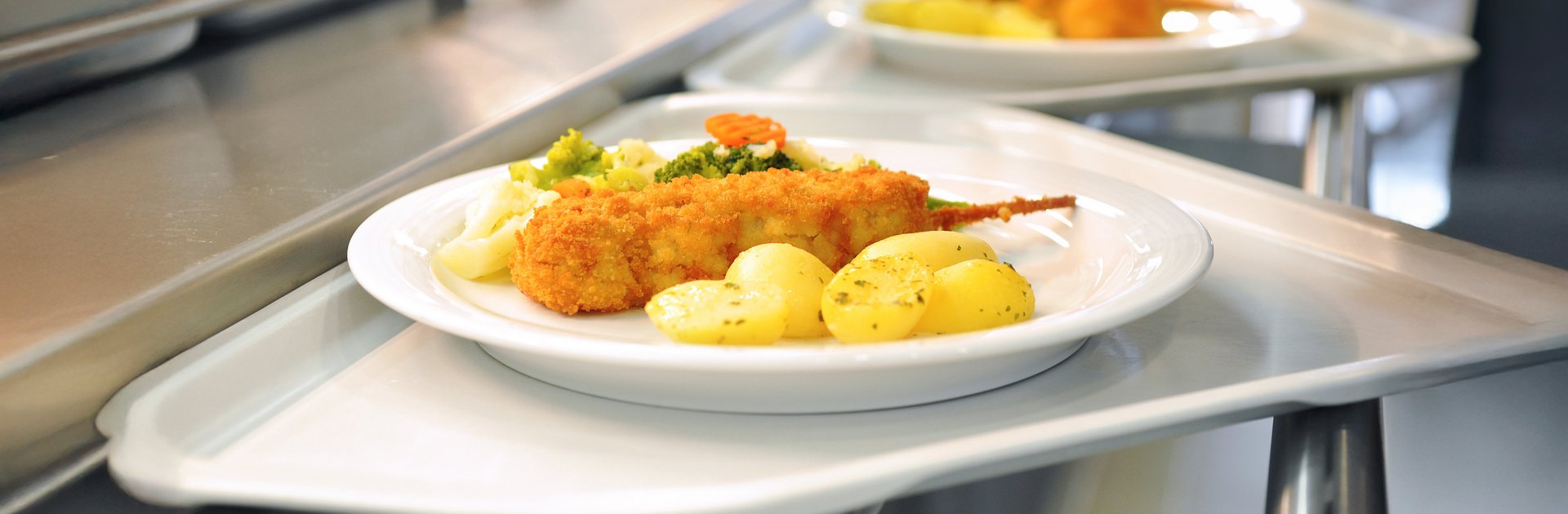 Panierter Fisch und Kartoffeln auf einem Teller