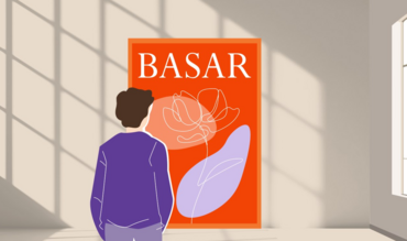 Grafik Besucher vor Kunstwerk mit der Aufschrift Basar