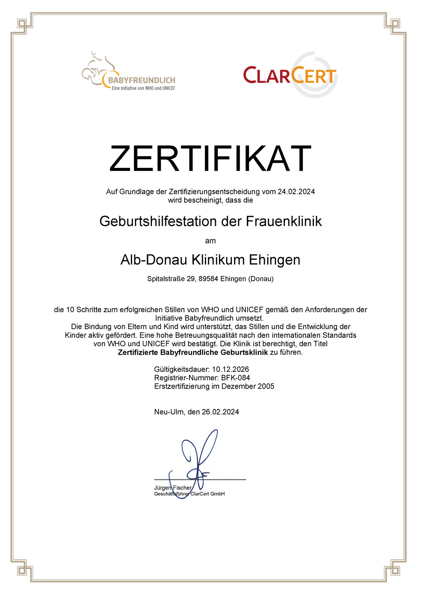 Zertifikat babyfreundliche Geburtsklinik