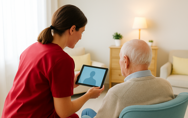 Pflegekraft hat Tablet in der Hand und sitzt neben einem Bewohner